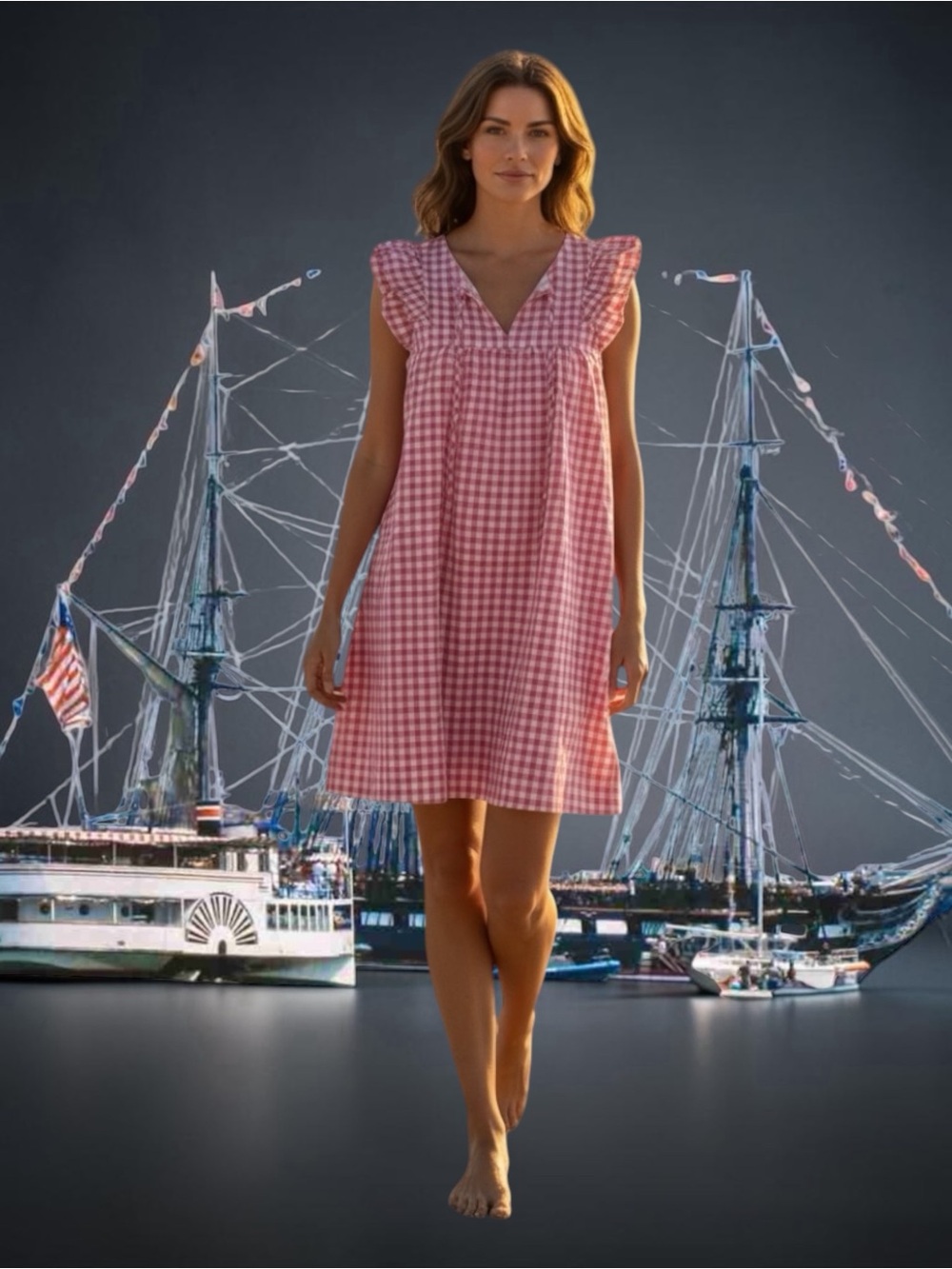 J. Crew Pink Gingham Ruffled Sleeve Mini Dress